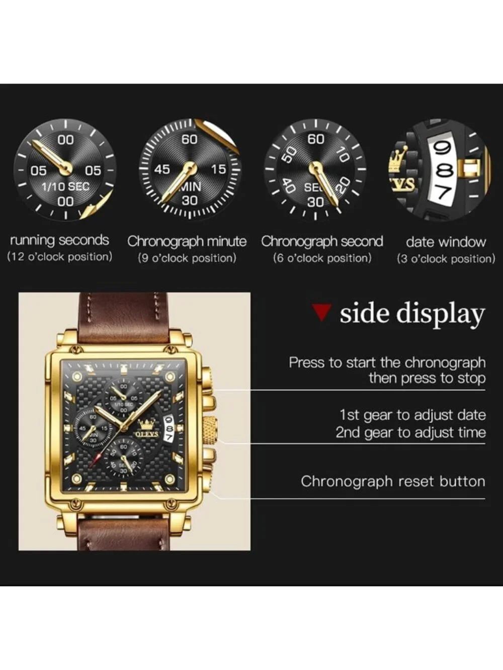 Men's Black Quartz Leather Strap Waterproof Trendy Square Dial Wrist Watch